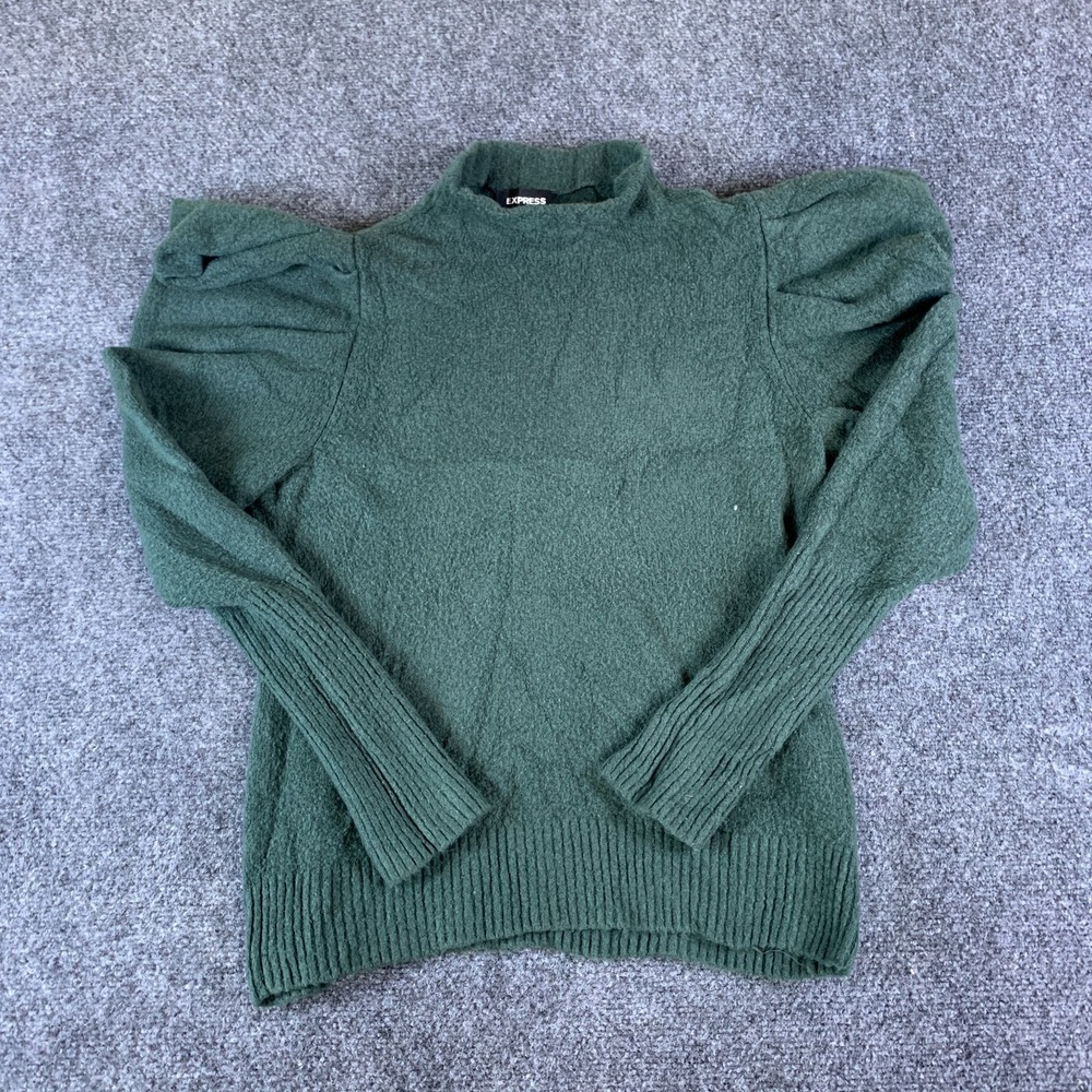 Express Sweater Womens Medium Hunter Green Acrylic Puff Sleeve Mock Neck Winter
